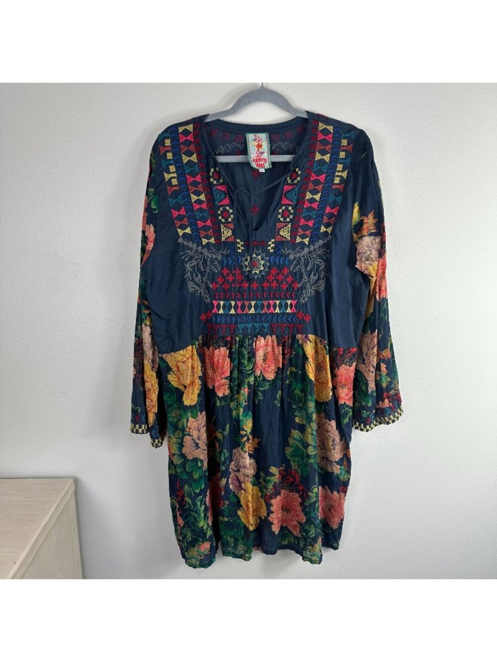 Johnny Was Dotted Geo Scoop Neck Tunic Floral Dress XL Boho Tie Front Feminine A